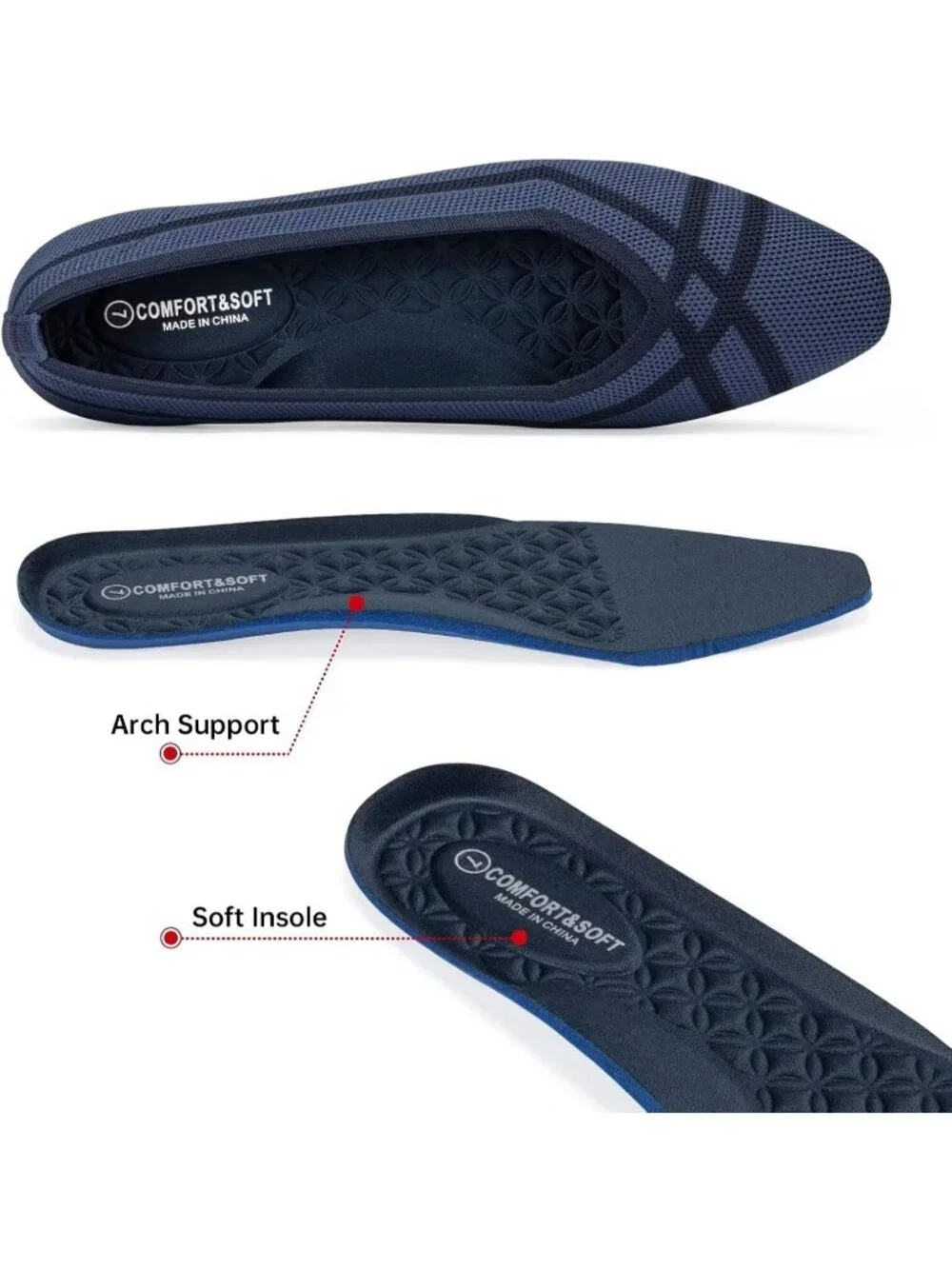 Frank Mully Women's Blue Rubber Knitted Square Toe Comfortable Slip On Flats